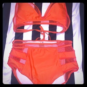 Orange Mesh High Waisted Swimsuit